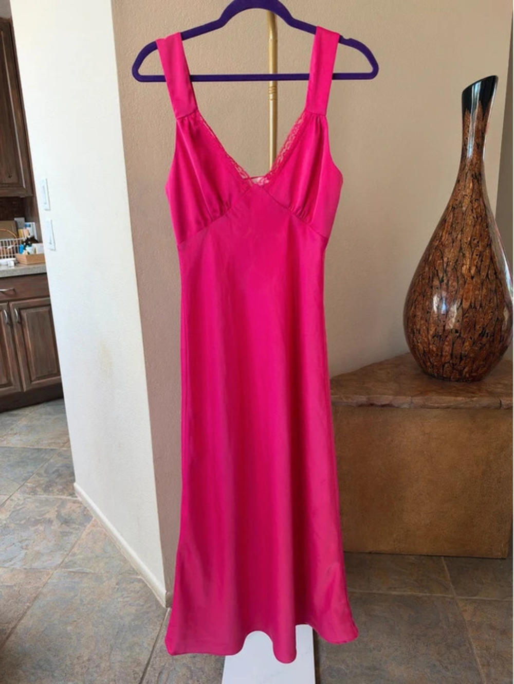 WAYF Hot Pink Silk Look Slip Dress Maxi Lace V Neck Barbiecore M
